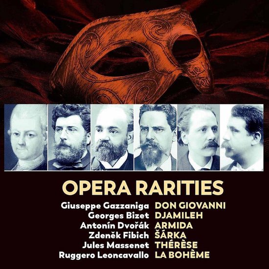 Orfeo 40th Anniversary: Opera Rarities. Bronzen masker boven portretten van componisten.