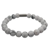 H-Beau - Handgemaakte Armband van Edelstenen - Natuurstenen - Howliet Kralen - RVS Kraal - 10mm - lengte 21cm - Mat - Wit - Gemarmerd - Heren - Unisex