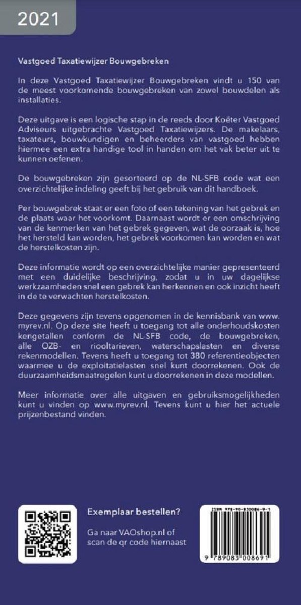 Vastgoed Taxatiewijzer Bouwgebreken 2021, met QR-code en barcode.