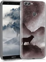 kwmobile telefoonhoesje voor Huawei Enjoy 7S / P Smart (2017) - Hoesje voor smartphone in zwart / wit / zwart - Wolf in Berglandschap design