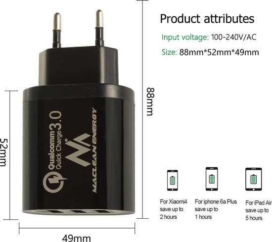 Maclean - Chargeur / prise USB - 3 USB - 5V / 2.1A - Zwart