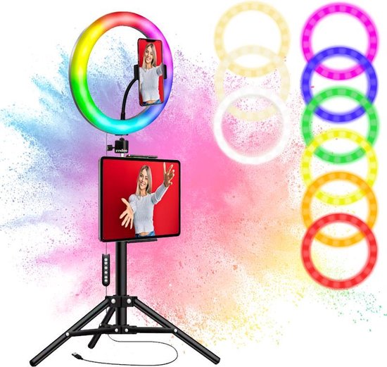Zindoo 2 in 1 Multicolor Ringlamp XL - LED Ringlight met Statief - Telefoon & Tablet houder - Met Afstandsbediening - Dubbele houder - Selfie Ring licht - Studio Ring lamp - TikTok - Make-up - Vlog lamp - Facebook - Instagram - Verstelbaar Statief