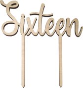Houten Taarttopper Sixteen - Taart decoratie 16 jaar - verjaardag of jubileum