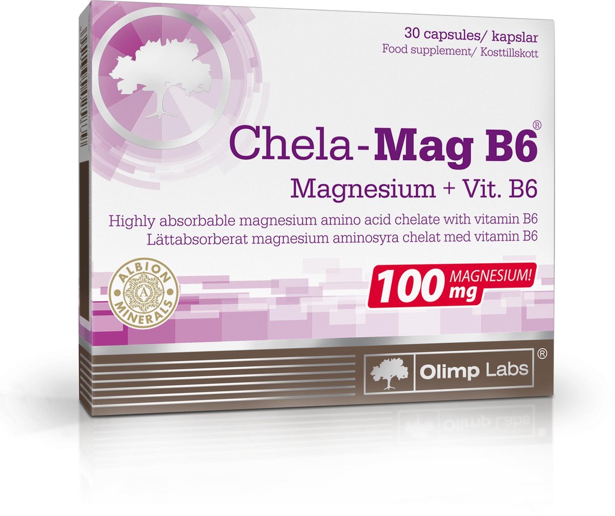 Chela-Mag B6 30 caps, magnesium met vitamin B6, hypoallergeen! De assimileerbaarheid van magnesium uit bisglycinaat is vele malen hoger dan uit niet-organische verbindingen zoals oxide, sulfaat en carbonaat. Beschermd door een wereldoctrooi!