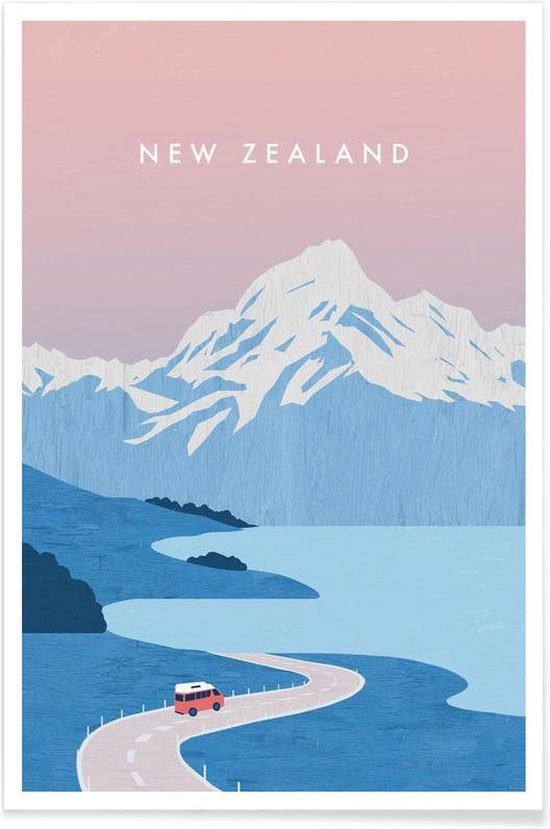 JUNIQE - Poster lijst Retro Nieuw-Zeeland /Blauw &