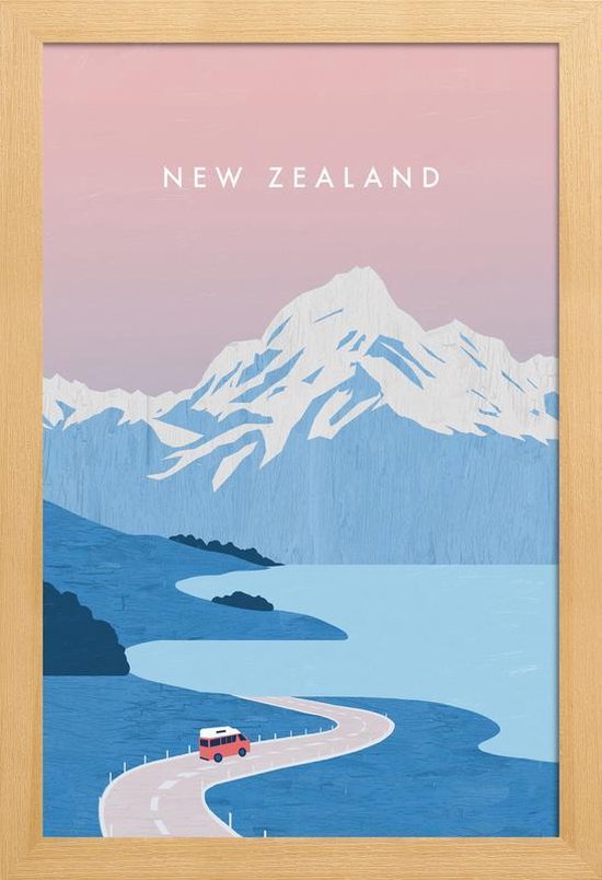 JUNIQE - Poster in houten lijst Retro Nieuw-Zeeland -40x60 /Blauw &