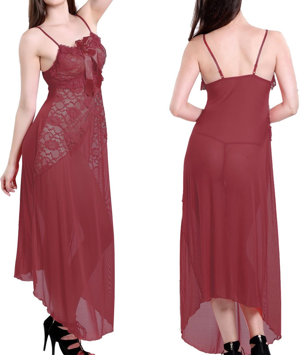 Goedkoopste Bordeaux Rode Nachtjapon met string (S622)- one size - maat 38-52