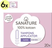 Sanature 100% Katoenen Compact Applicator Tampons Super 6 x 20 stuks