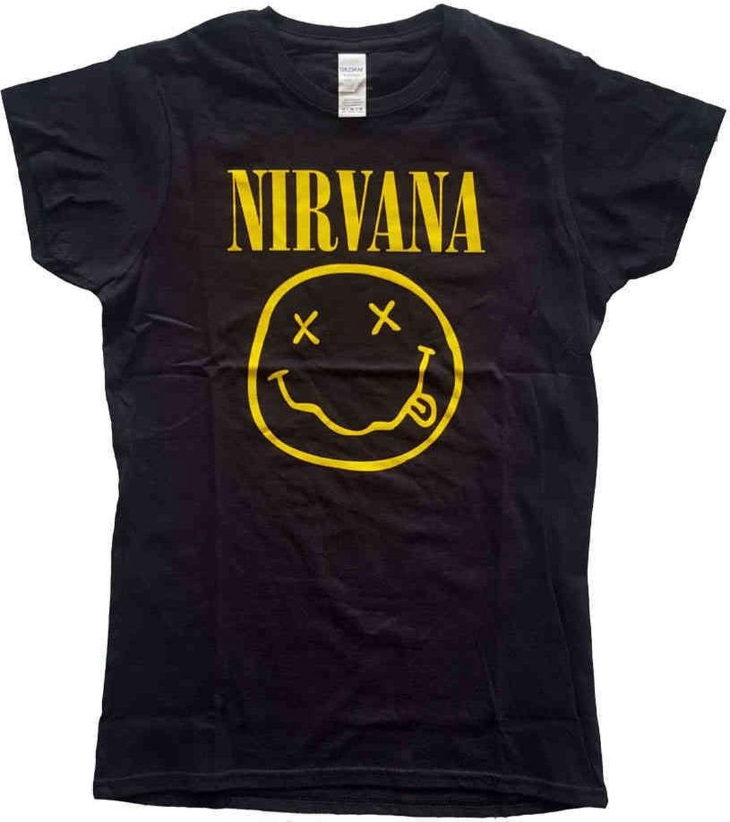 Afbeelding van product Rock Off  Nirvana Dames Tshirt -2XL- Yellow Smiley Zwart  - maat XXL