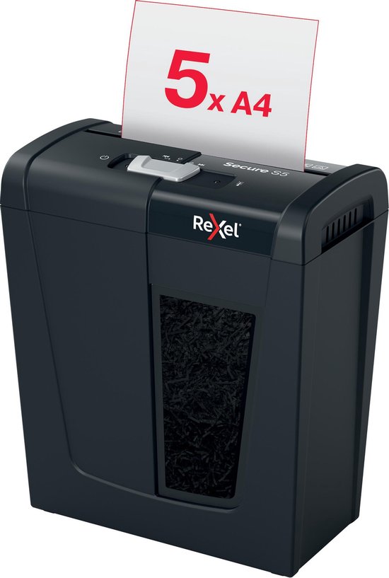 Zwarte Rexel Secure S5 papierversnipperaar versnippert 5 vel A4 papier.