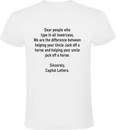 Hoofdletters gebruiken Heren t-shirt | spelling | nederlands | school | ome jack | grappig | engels |Wit