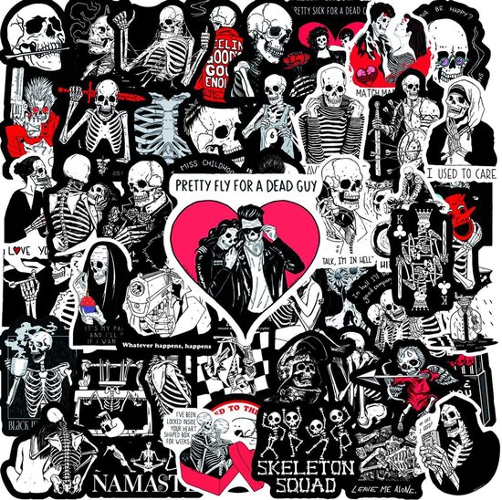 Foto: Gothic skeletten stickers met grappige teksten mix met 50 verschillende zwart wit stickers voor laptop muur agenda buiten etc 