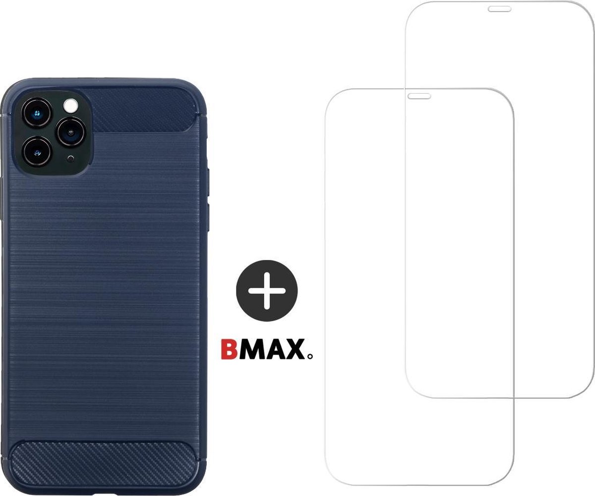 BMAX Telefoonhoesje geschikt voor iPhone 11 Pro Max - Carbon softcase hoesje blauw - Met 2 screenprotectors