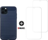 BMAX Telefoonhoesje voor iPhone 11 Pro Max - Carbon softcase hoesje blauw - Met 2 screenprotectors