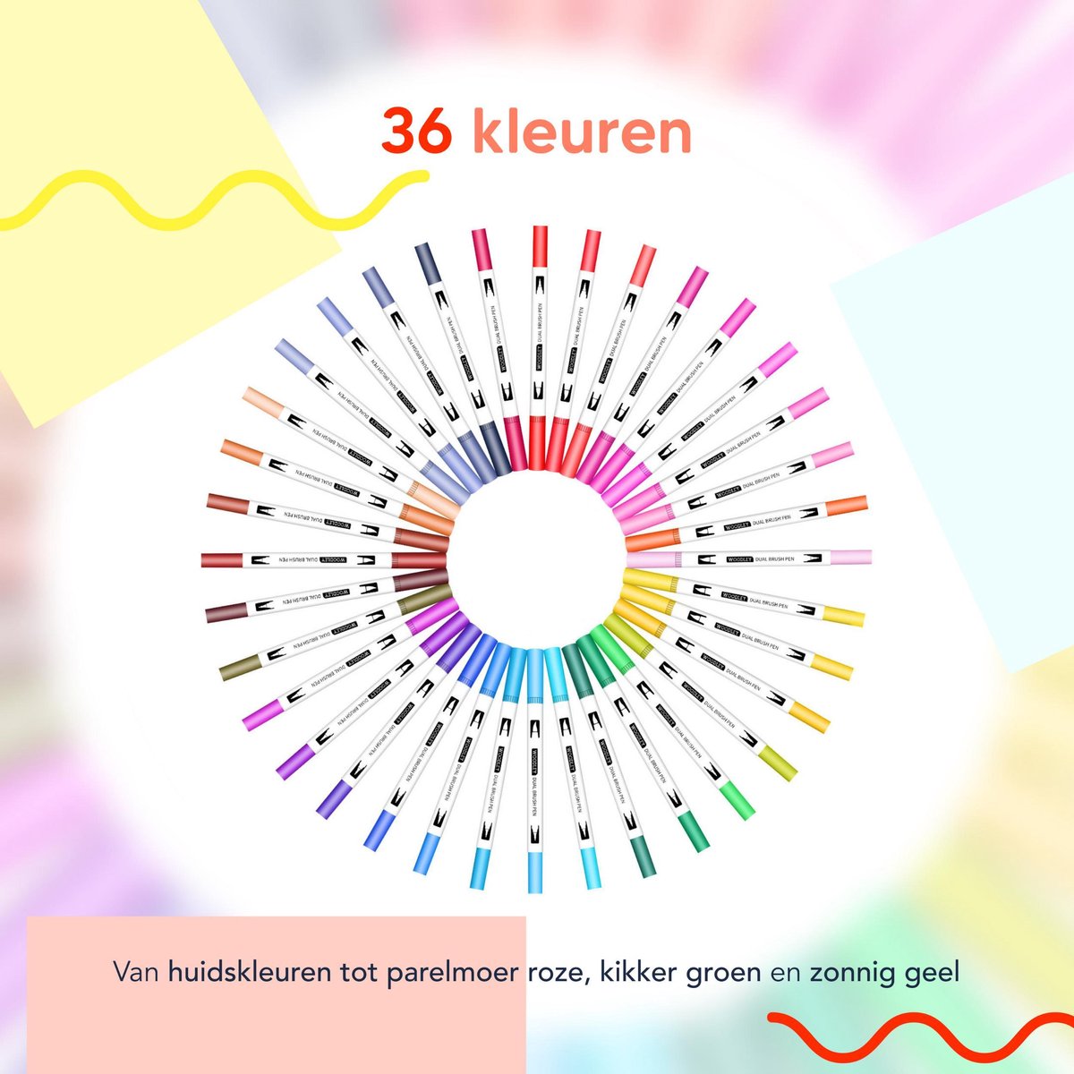 Woodley Dubbelzijdige Stiften Voor Volwassenen en Kinderen - Set 36 Stuks - Twinmarkers - Markeerstiften - Brushpennen - Alcohol Markers — afbeelding 2