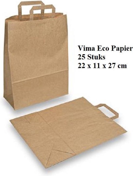 Vima Eco- Sac en papier Kraft | Sac de transport Klein | 25 pièces | À usage unique | Les poches| Respectueux de l'environnement | Biodégradable | Sac de courses | 22x11x27cm