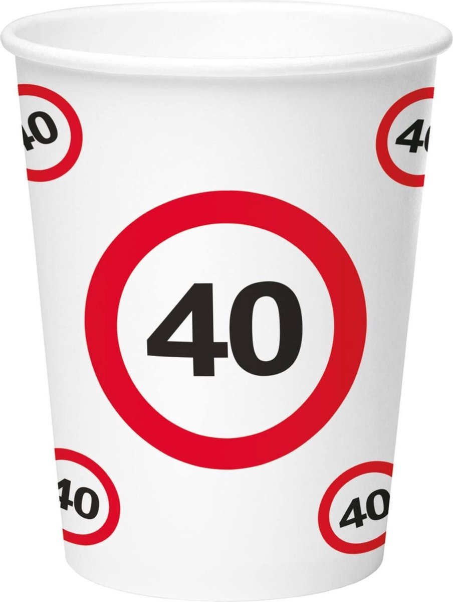 24x stuks drinkbekers van papier in 40 jaar verjaardag print van 350 ml - Stopbord/verkeersbord thema