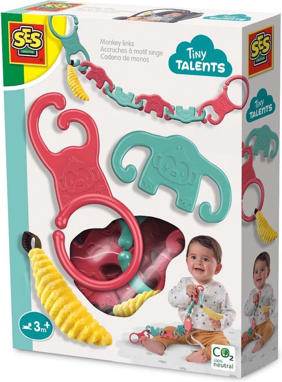 SES Tiny Talents - Monkey links - vrolijke speelschakels - aap - maak een mooie ketting - inclusief knisper banaan