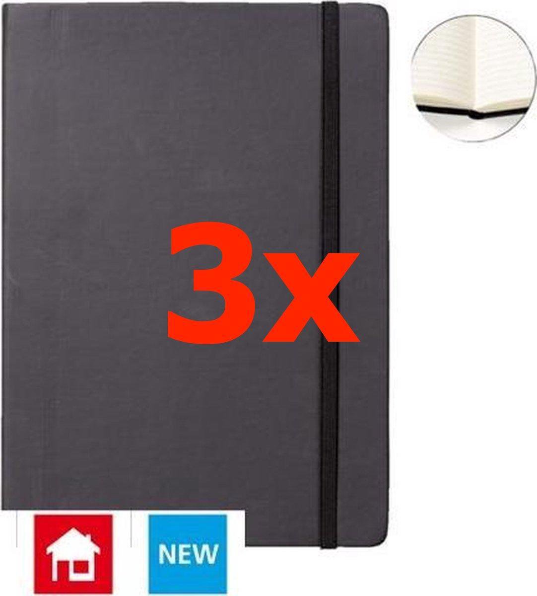 Notitieboek A6 zwart met harde kaft en elastiek - 3 stuks