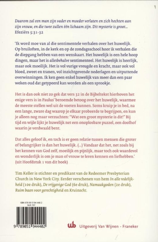 Achterkant van het boek met tekst over het huwelijk, de Bijbel, Tim Keller en de uitgever.