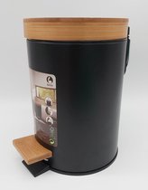 Pedaalemmer - 3 Liter inhoud - Mat Zwart met Bamboe - Diameter 17 cm - Hoogte 24 cm - Badkamer afvalbak - Slaapkamer afvalbak - Kantoor afvalbak