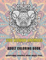 200 Kawaii Animals - Adult Coloring Book - Hippopotamus, Proboscis, Iguana, Wolves, other