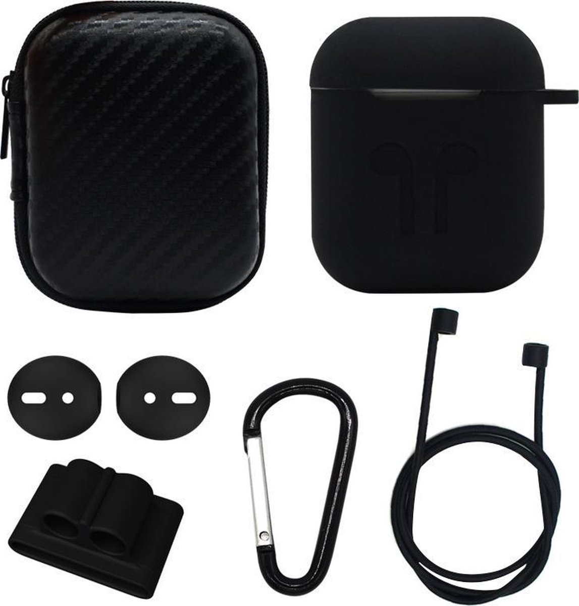 6 in 1 oortelefoon tas + oortelefoon case + oortelefoon siliconen gesp + oordopjes + anti-druppels gesp + anti-verloren touw draadloze oortelefoon siliconen case set voor Apple Airpods (zwart)