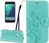 Voor Google Pixel Butterflies Love Flowers Embossing Horizontale Flip Leather Case met houder & kaartsleuven & portemonnee & lanyard (groen)