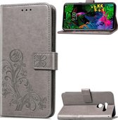 Lucky Clover geperste bloemen patroon lederen tas voor LG G8 ThinQ, met houder & kaartsleuven & portemonnee & draagriem (grijs)