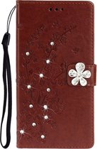 Let op type!! Voor Nokia 3.2 Plum Blossom Pattern Diamond Encrusted Leather Case met Holder & Card Slots & Wallet(Brown)