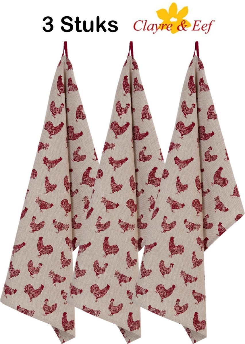 3 Stuks - Theedoek - Landelijk - geruit - Kippen & Hanen - Country Side Chicken - 50 x 85 cm - Beige / Rood
