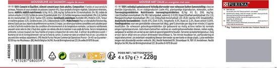 Verpakking kattenvoer met witte kat en zalmmousse.
