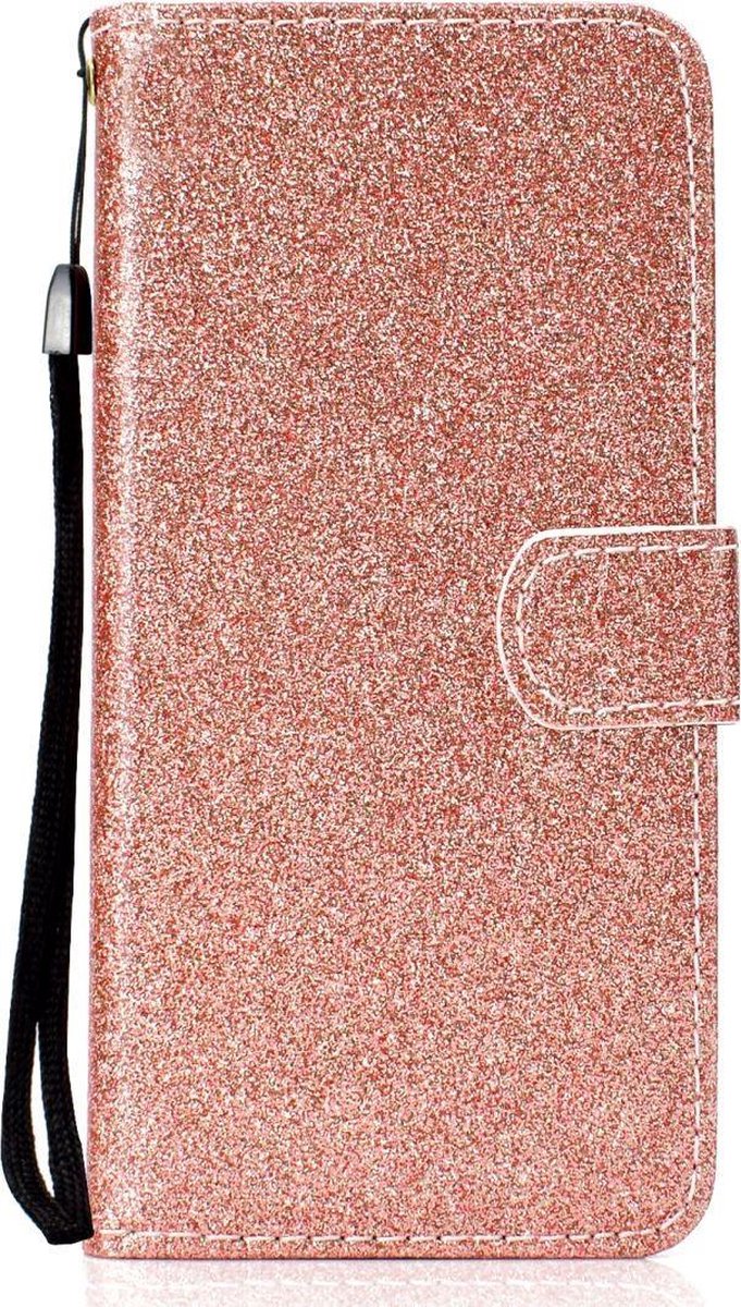 Mobigear Telefoonhoesje geschikt voor Huawei Y6p Hoesje | Mobigear Glitter Bookcase Portemonnee | Pasjeshouder voor 2 Pasjes | Telefoonhoesje voor Pinpas / OV Kaart / Rijbewijs - Roségoud