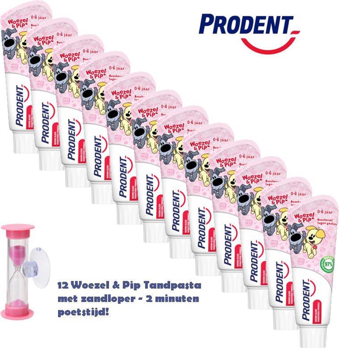 Prodent Woezel & Pip 0-5jr Tandpasta - 12 x 75 ml - Voordeelverpakking met roze zandloper