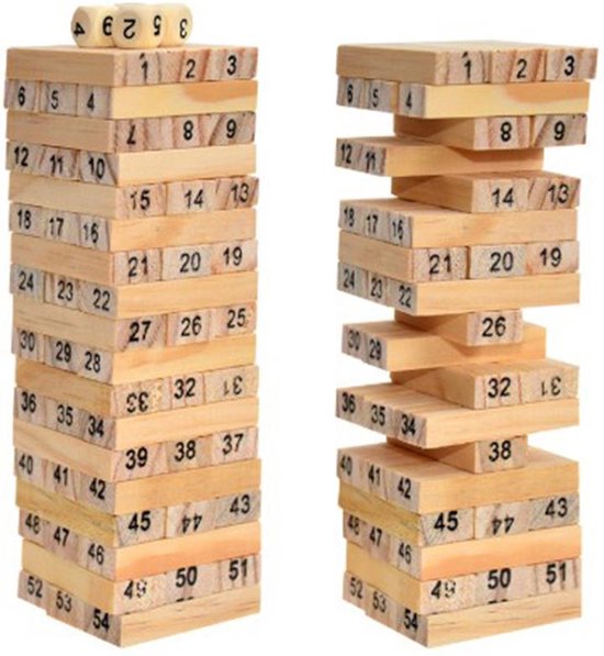 Thumbnail van een extra afbeelding van het spel WiseGoods Klassieke Strategischspel De Vallende Toren - Houten Stapeltoren Spel - met Nummers en Dobbelsteen - Familiespel