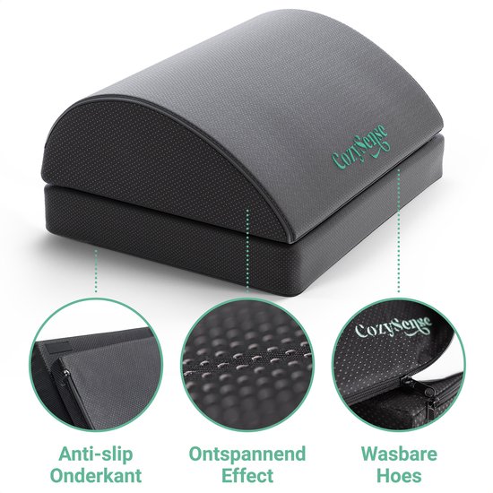 Grijze ergonomische voetensteun, in twee hoogtes verstelbaar. Zichtbaar zijn een anti-slip onderkant, de textuur voor een 'Ontspannend Effect' en een 'Wasbare Hoes'.
