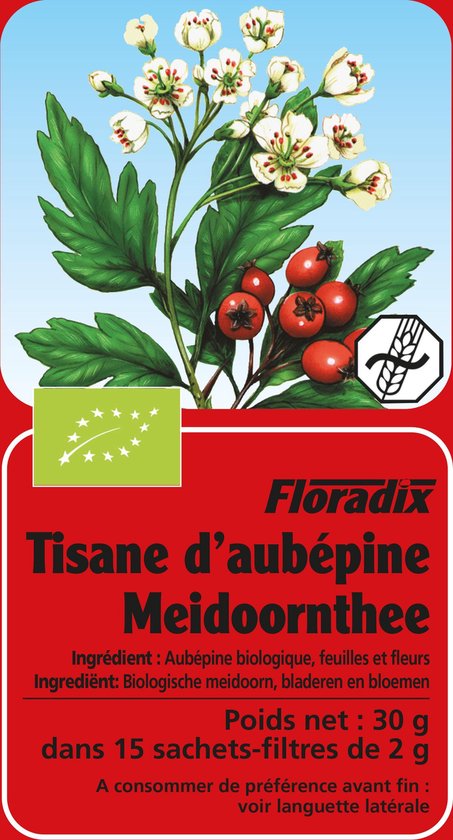 Rode verpakking met "Tisane d'aubépine Meidoornthee", biologische bloemen en bessen.