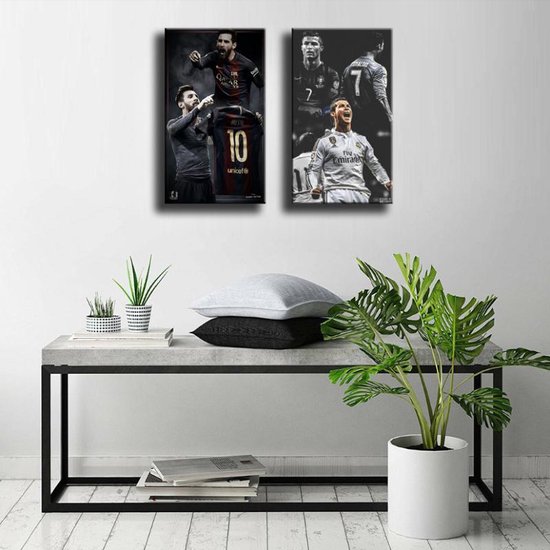 Allernieuwste 2-Delig Canvas Schilderij Voetbalsterren Ronaldo en Messie - Soccer - Poster - Set 2st 50 x 70 cm - Kleur - Allernieuwste