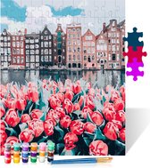 Tulpen aan Amsterdamse gracht - Puzzel Schilderen op nummer - Houten puzzel - 500 stukjes - 38x52 cm