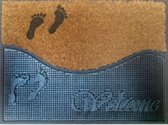 Tapis de noix de coco - Paillasson - Tapis de marche à sec - Paillasson - avec caoutchouc naturel et pieds imprimés et Welcome - 45 x 60 cm