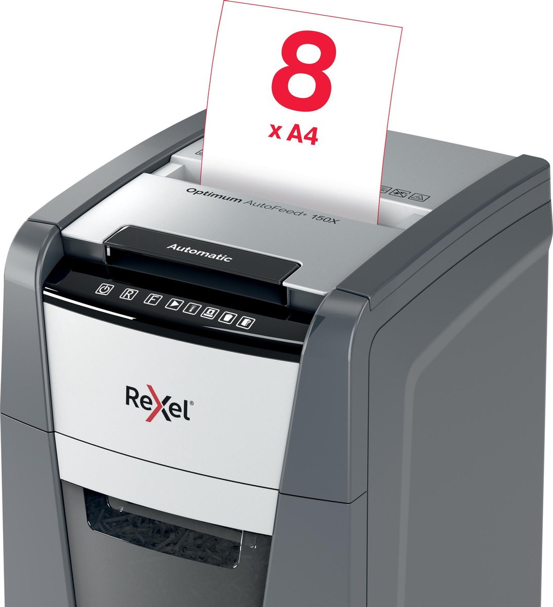 Rexel Optimum AutoFeed+ 150X Fluisterstille Papierversnipperaar - P4 Snippers - Automatische Invoer Tot 150 Vel - 44L - Zwart thumbnail 4