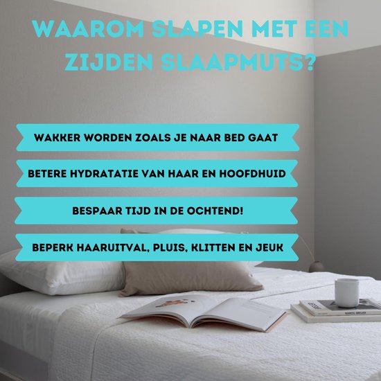 Slaapkamer met opgemaakt bed en een open boek, tekst over voordelen zijden slaapmuts.