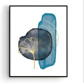 Poster Kunst Gouden Lijn Lotus Waterverf Blauw - Abstract / Kunst Poster -Muurdecoratie - 70x50cm