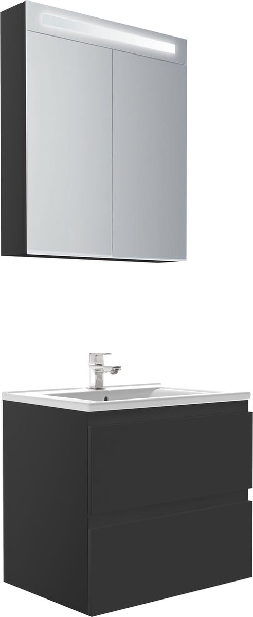 Badkamermeubel / Badmeubel / Wastafelkast Vinero - Mat Zwart - 65x45,5x57cm - Incl. Witte Keramische Wastafel - Voorgemonteerd - Greeploos - 2 Lades- MDF