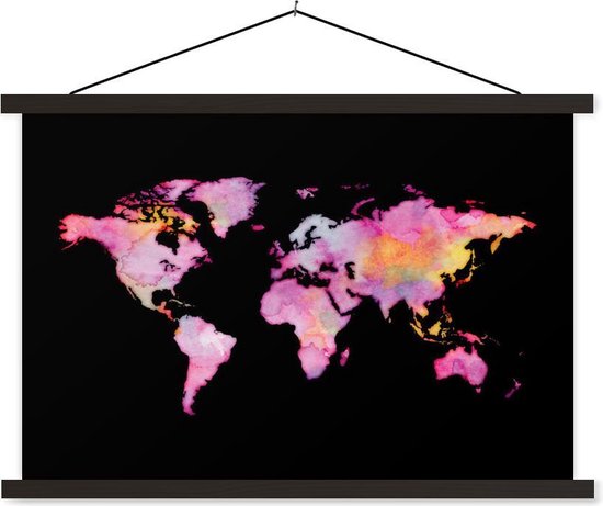 Affiche scolaire - Wereldkaart - Aquarelle - Rose - 150x100 cm - Lattes noires