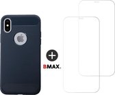 BMAX Telefoonhoesje voor iPhone XS Max - Carbon softcase hoesje blauw - Met 2 screenprotectors