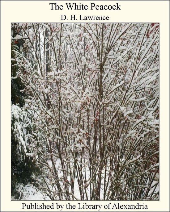 Boekomslag van 'The White Peacock' van D. H. Lawrence met een winterse afbeelding van met sneeuw bedekte takken met enkele rode besjes.