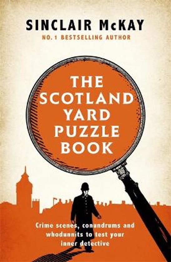 Boekcover met vergrootglas, "THE SCOTLAND YARD PUZZLE BOOK" en een schaduw van een politieagent.