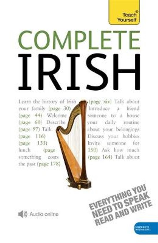 Boek kaft met de titel "Complete Irish" in grote letters, een illustratie van een harp en de tekst "Teach Yourself".