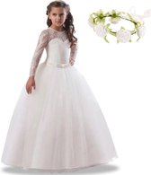 Communie jurk Bruidsmeisjes jurk bruidsjurk wit lange mouw 116-122 (120) prinsessen jurk feestjurk + bloemenkrans